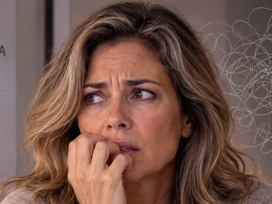 Mulher com expressão de apreensão, mão na boca