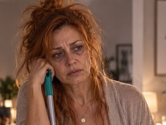 Mulher acordada e cansada durante a rotina de casa